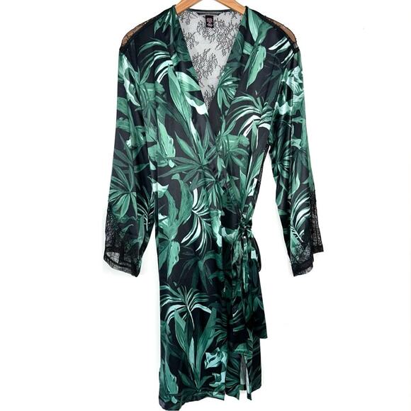 Victorias Secret Chantilly Green Palm Leaves Satin Wrap Robe Size M/L - Picture 2 of 14